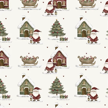 Tecido Tricoline Digital para Patchwork com Estampa de Casinha, Papai Noel e Arvores Natalinas