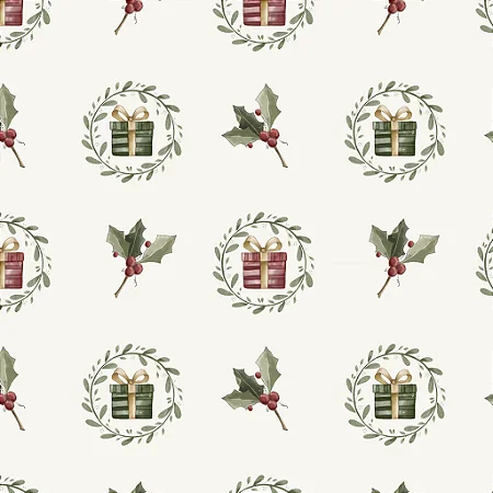 Tecido Tricoline Digital para Patchwork com Estampa de Guirlanda com Presentes Fundo Branco