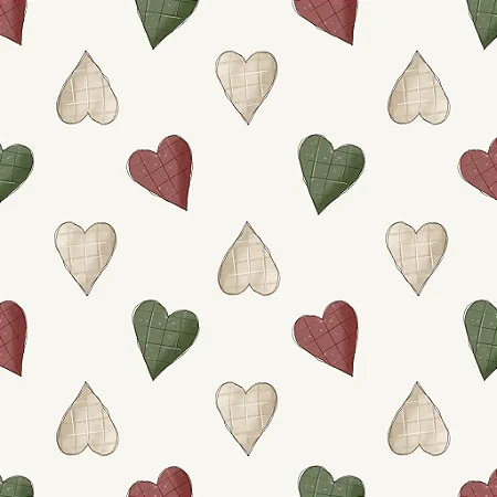 Tecido Tricoline Digital para Patchwork Estampa de Corações Verde, Bege e Vermelho em Fundo Branco