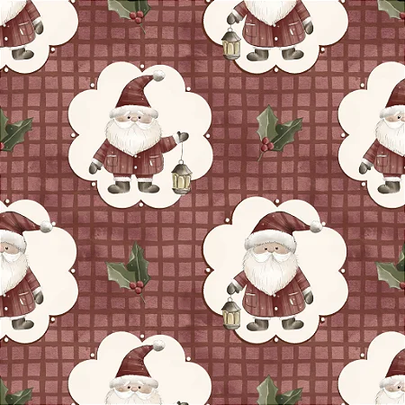 Tecido Tricoline Digital para Patchwork com Camafeu Papai  Noel Fundo Vermelho