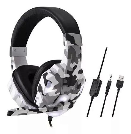 FONE HEADSET GAMER CAMUFLADO C/ MICROFONE E LED BRANCO USB