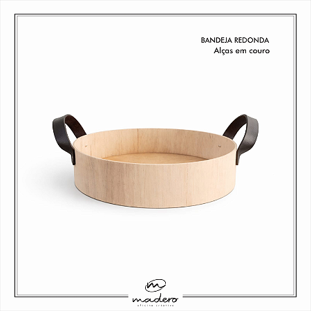 Bandeja Redonda de Madeira com alças em Couro