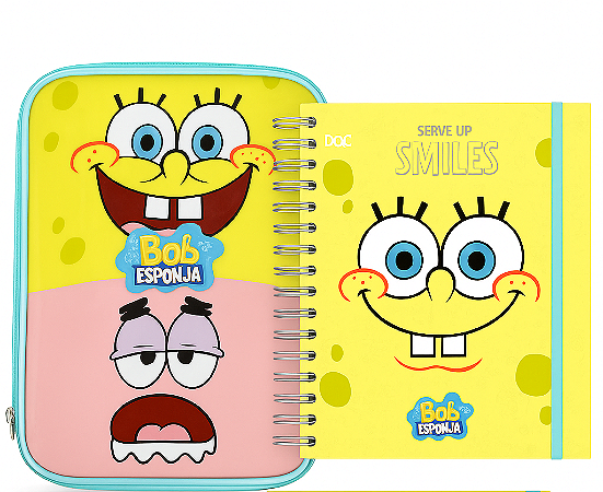 Kit Caderno Smart Universitário + Estojo Baú Bob Esponja