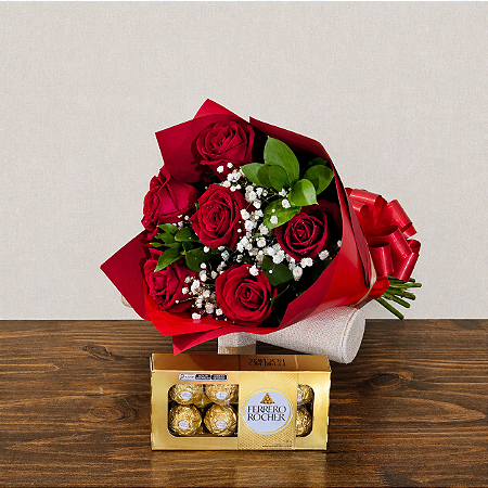 Kit Paredes - Buquê com 6 Rosas Nacionais + Chocolate Ferrero Rocher