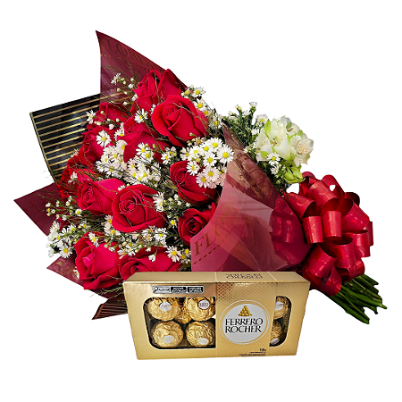 Kit Amarielle - Buquê 12 Rosas Nacionais + Ferrero Rocher