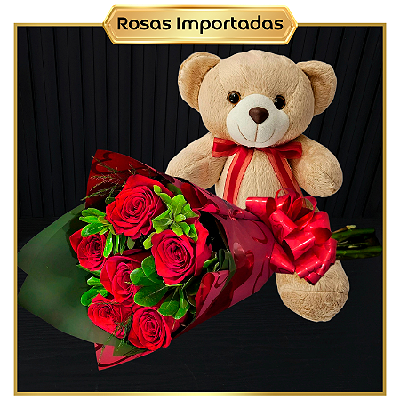 Kit Bom Retiro - Rosas IMPORTADAS + Urso Articulado Com Laço