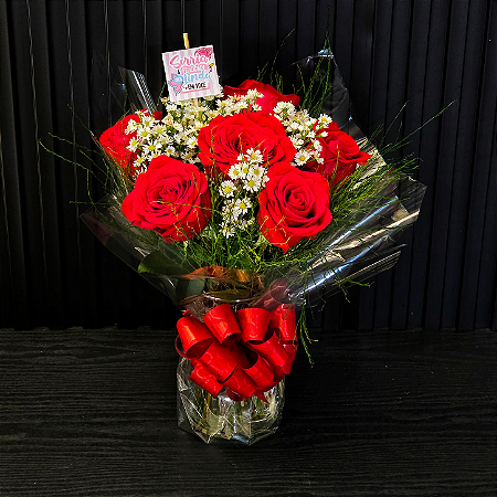 Arranjo Corvelle - 6 Rosas IMPORTADAS + Vaso de Vidro
