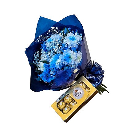 Kit Blue & Gold - Buquê Mix Azul + Ferrero Rocher 100g