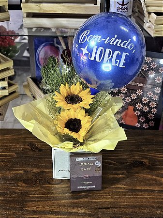 Kit Sun Vibes - Girassois + Tablete de Chocolate Premiado Nugali + Bubble Personalizado