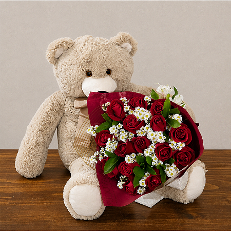 Kit Grand Bear & Roses - Buquê 15 rosas NACIONAIS + Urso gigante com laço