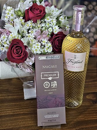 Kit Sweet Rosé - Buquê Mix + Vinho Rosé Freixenet + Chocolate Premiado Nugali 100g