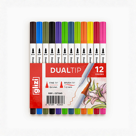 Caneta Dual Tip Glizi 12 Cores — Ponta Dupla Brush e Fina 0.4 mm | Lettering, Desenho e Anotações
