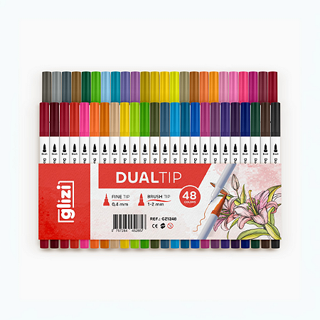 Caneta Dual Tip Glizi 48 Cores — Ponta Dupla Brush e Fina 0.4 mm | Lettering, Desenho e Anotações
