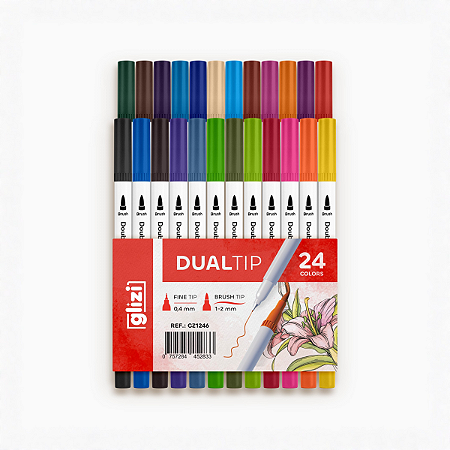 Caneta Dual Tip Glizi 24 Cores — Ponta Dupla Brush e Fina 0.4 mm | Lettering, Desenho e Anotações