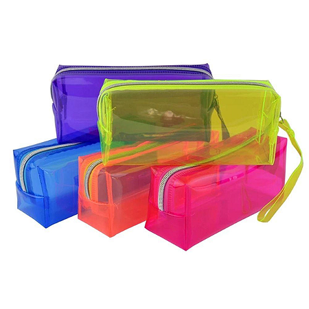 Estojo Escolar Baú Neon PVC Transparente Grande Necessaire