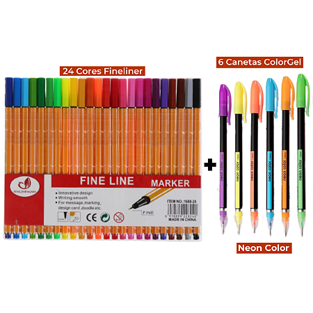 Kit Canetas Coloridas Ponta Fina 24 Cores + 6 Canetas Coloridas Gel com Glitter Perfumadas