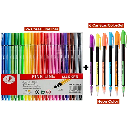 Kit Canetas Coloridas Ponta Fina 24 Cores + 6 Canetas Coloridas Gel com Glitter Perfumadas