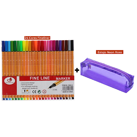 Kit Canetas Fineliner 24 Cores Amarela+ Estojo Baú Neon PVC Transparente Roxo