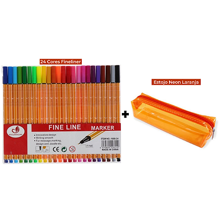 Kit Canetas Fineliner 24 Cores Amarela+ Estojo Baú Neon PVC Transparente Laranja