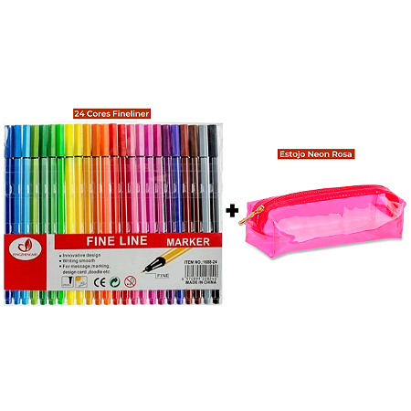 Kit Canetas Fineliner 24 Cores + Estojo Baú Neon PVC Transparente Rosa
