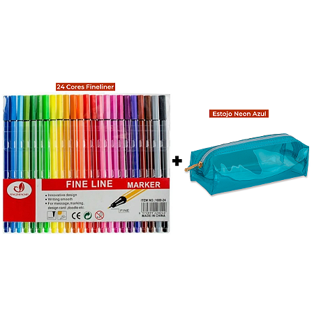 Kit Canetas Fineliner 24 Cores + Estojo Baú Neon PVC Transparente Azul