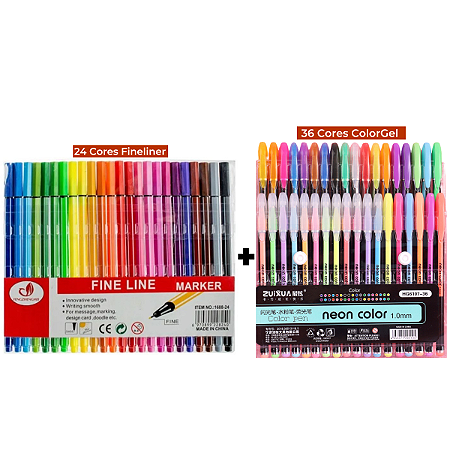 Kit Canetas Fineliner 24 Cores + Canetas Gel Glitter, Neon, Metal e Pastel 36 Cores