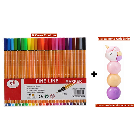 Kit Canetas Coloridas Ponta Fina 24 Cores Amarela + Marca Texto Unicórnio 3 Cores
