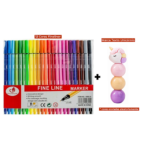 Kit Canetas Coloridas Ponta Fina 24 Cores + Marca Texto Unicórnio 3 Cores