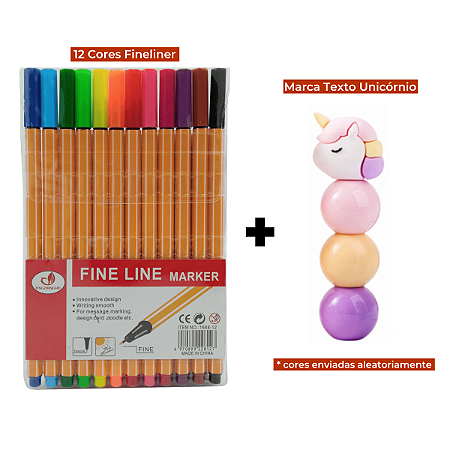 Kit Canetas Coloridas Ponta Fina 12 Cores Amarela + Marca Texto Unicórnio 3 Cores