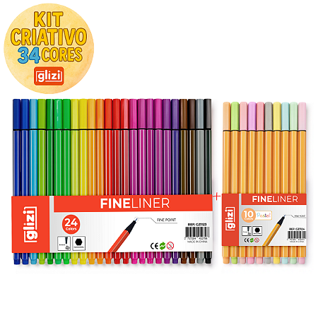 Kit Canetas Glizi – 24 Fineliner Cores Vivas + 10 Fineliner Pastel