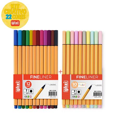 Kit Canetas Glizi – 12 Fineliner Cores Vivas + 10 Fineliner Pastel