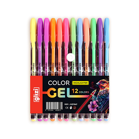 Caneta Gel Glizi Color Gel 12 Cores – Neon Highlighter | Criativa e Artística
