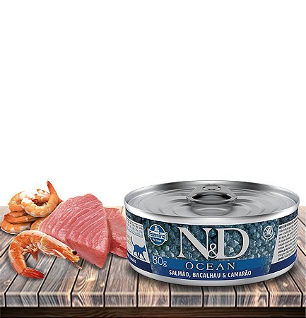 Ração Úmida Farmina N&D Ocean Wet Feline Salmão, Bacalhau & Camarão para Gatos Adultos - 80Gr