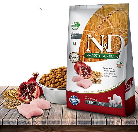 Ração Seca Farmina N&D Ancestral Grain Canine Frango & Romã Senior Maxi Breeds para Cães  6 de Raças Maxi e Médias - 2,5kg