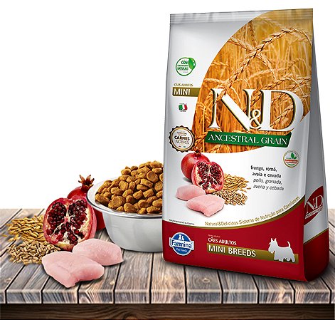 Ração Seca Farmina N&D Ancestral Grain Canine Frango & Romã Adult Mini Breeds para Cães Adultos de Raças Mini - 800Gr