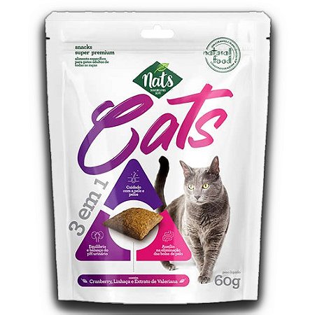 Nats Snacks Sabor Cranberry e Linhaça Nats Cats 3 em 1 para Gatos Adultos - 60Gr