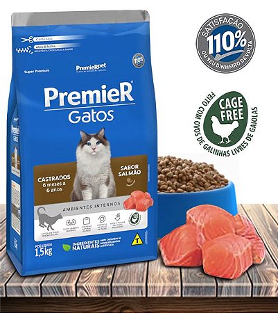 Ração Seca PremierPet Ambientes Internos Salmão para Gatos Castrados de 6 meses a 6 anos - 7,5Kg