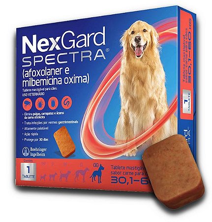 NexGard Spectra Antipulgas, Carrapatos e Vermífugo para Cães de 30,1 a 60 Kg - 1 TABLETE
