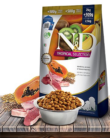 Ração Seca Farmina N&D Tropical Selection Cordeiro, Cereais e Frutas Tropicais para Cães Filhotes de Raças Médias e Maxi - 10+2Kg