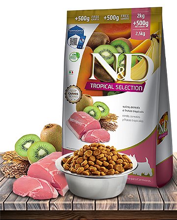 Ração Seca Farmina N&D Tropical Selection Suíno, Cereais e Frutas Tropicais para Cães Adultos Raças Mini - 2+0,5Kg