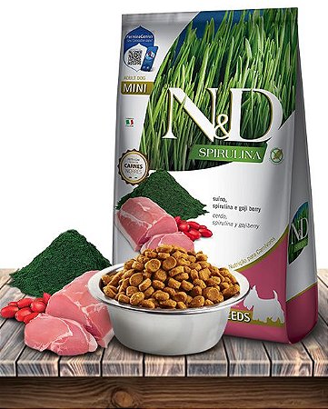 Ração Seca Farmina N&D Spirulina Suíno e Goji Berry para Cães Adultos de Raças Minis