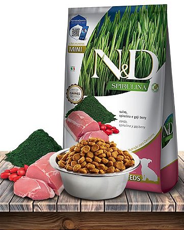 Ração Seca Farmina N&D Spirulina Suíno e Goji Berry para Cães Filhotes de Raças Minis