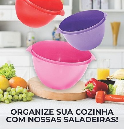 Kit 3 pçs saladeira 5,5L coloridas com tampa Em plástico salada churrasco