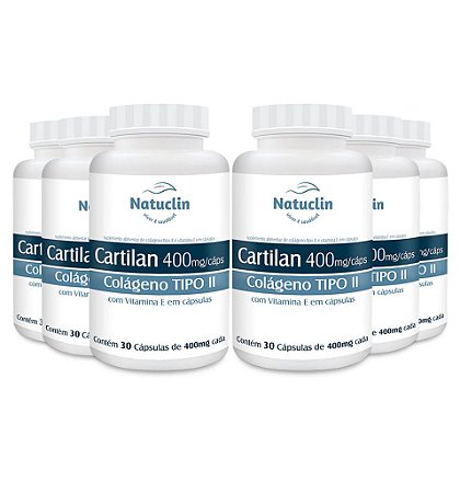 Cartilan colágeno tipo 2 com vit e contra dores articulares - 30 cápsulas 400 mg natuclin - 6 frascos
