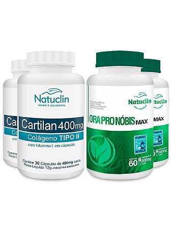 Kit 2 cartilan colágeno tipo 2 com vit e contra dores articulares - 30 cápsulas 400mg + 2 ora pro nóbis max 60 cápsulas 500mg - 4 frascos