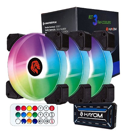 Kit Hayom 3 fans coolers RGB de 12 cm c/ controladora FC1306