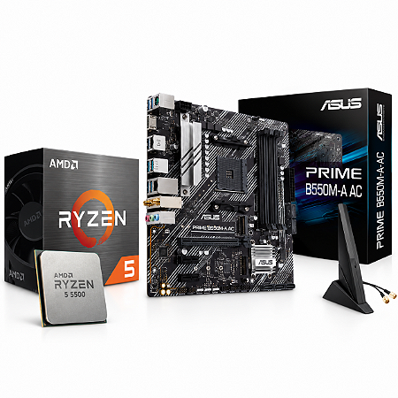 Kit Upgrade AMD Ryzen 5 5500 + Placa-Mãe ASUS Prime B550M-A AC Wi-Fi, AM4, DDR4