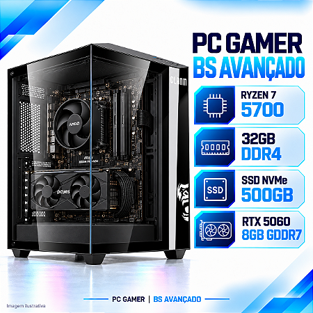 PC Gamer BS Avançado Ryzen 7 5700, RTX 5060 8GB GDDR7, 32GB DDR4, SSD NVMe 500GB, Gabinete Aquário