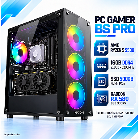 PC Gamer BS Pro Ryzen 5 5500, 16GB DDR4, Radeon RX 580 8GB, SSD NVMe 500GB