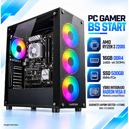 PC Gamer BS Start Ryzen 3 2200G, Radeon Vega 8, 16GB DDR4, SSD NVMe 500GB, B450M Steel Legend